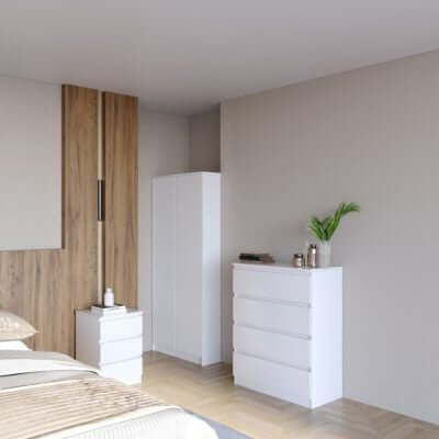 Alt Tag: The Clarkson Trio Bedroom Furniture set in white finish with chest of drawers, wardrobe and bedside cabinet in modern rental bedroom